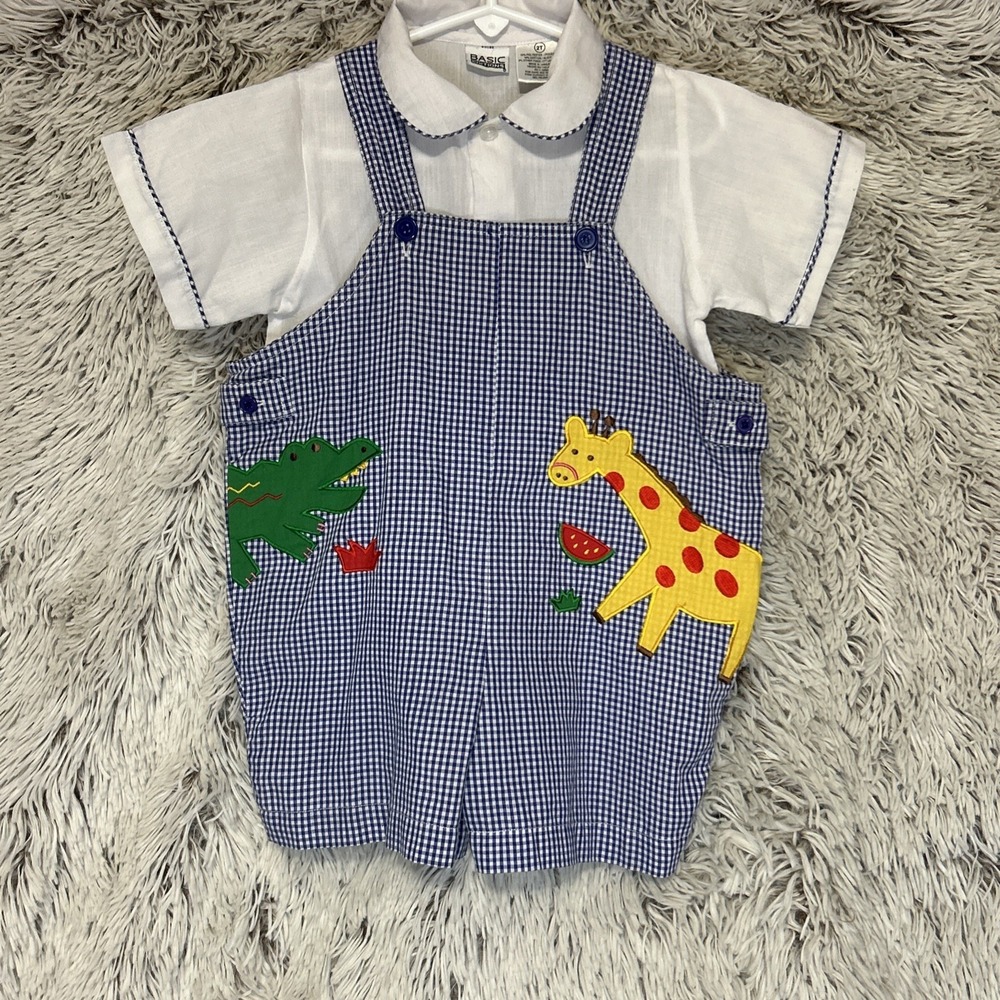Vintage Navy White Gingham Plaid Alligator Giraffe Watermelon 2 Piece‎ Outfit